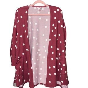 LuLaRoe Wine and White Polka Dot Cardigan Sweater with Pockets GUC